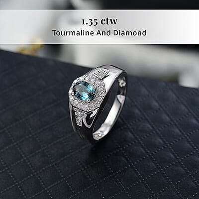 Rhapsody AAAA Lagoon Tourmaline and Diamond E-F VS 1.35 ctw Men's Ring in 950 Platinum (Size 10.0) 9.10 Grams