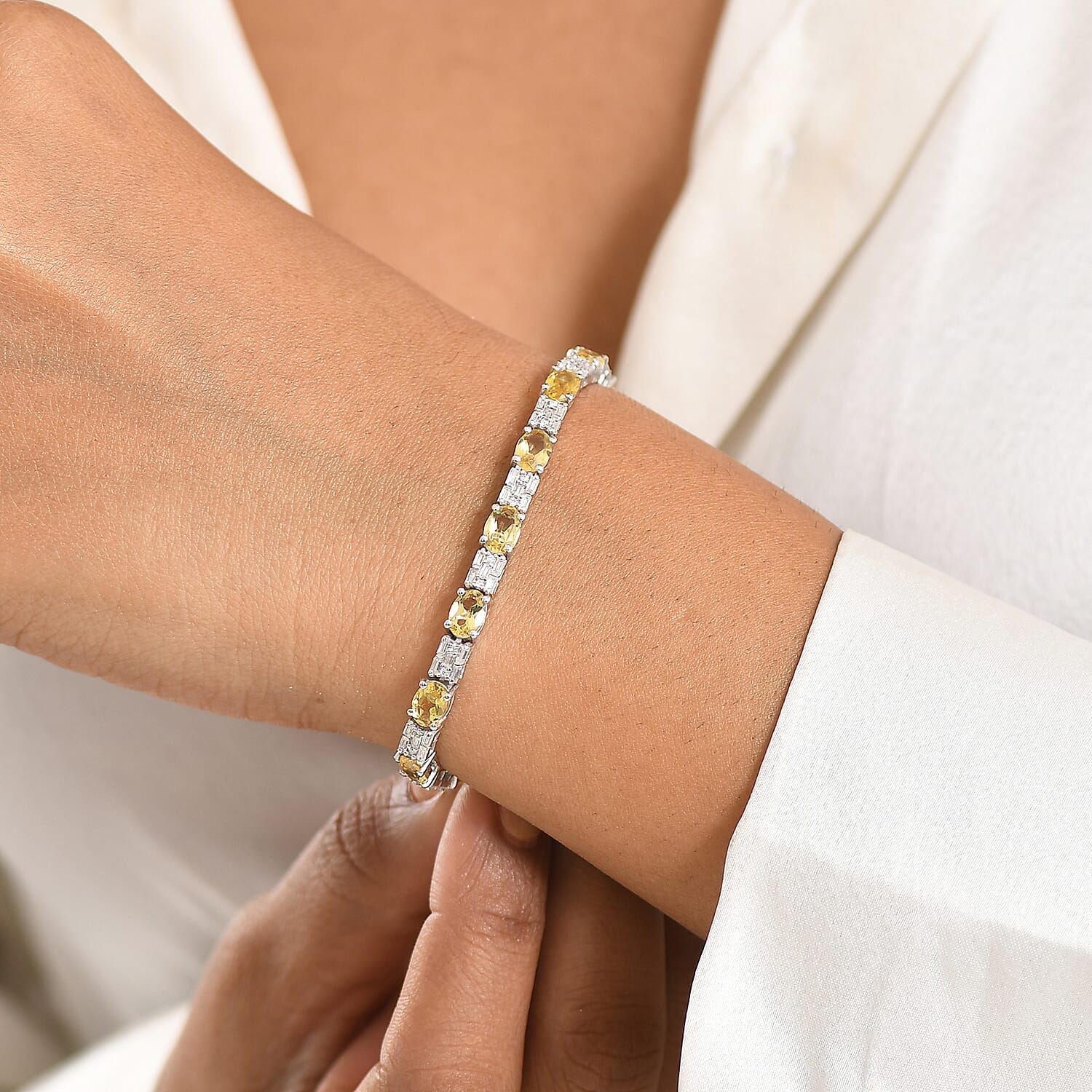D'Joy Brazilian Heliodor, Moissanite Bracelet in Rhodium Over Sterling Silver 7.90 ctw (7.25 Inches)
