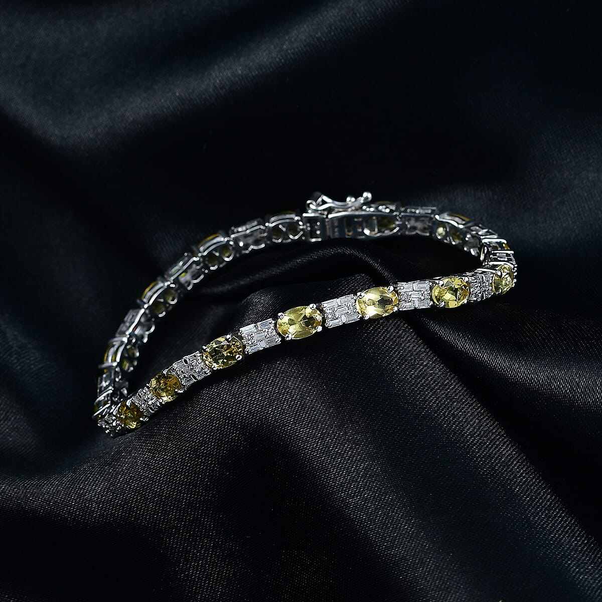 D'Joy Premium Brazilian Heliodor and Moissanite 8.40 ctw Classic Statement Bracelet in Rhodium Over Sterling Silver (6.50 In) image number 1