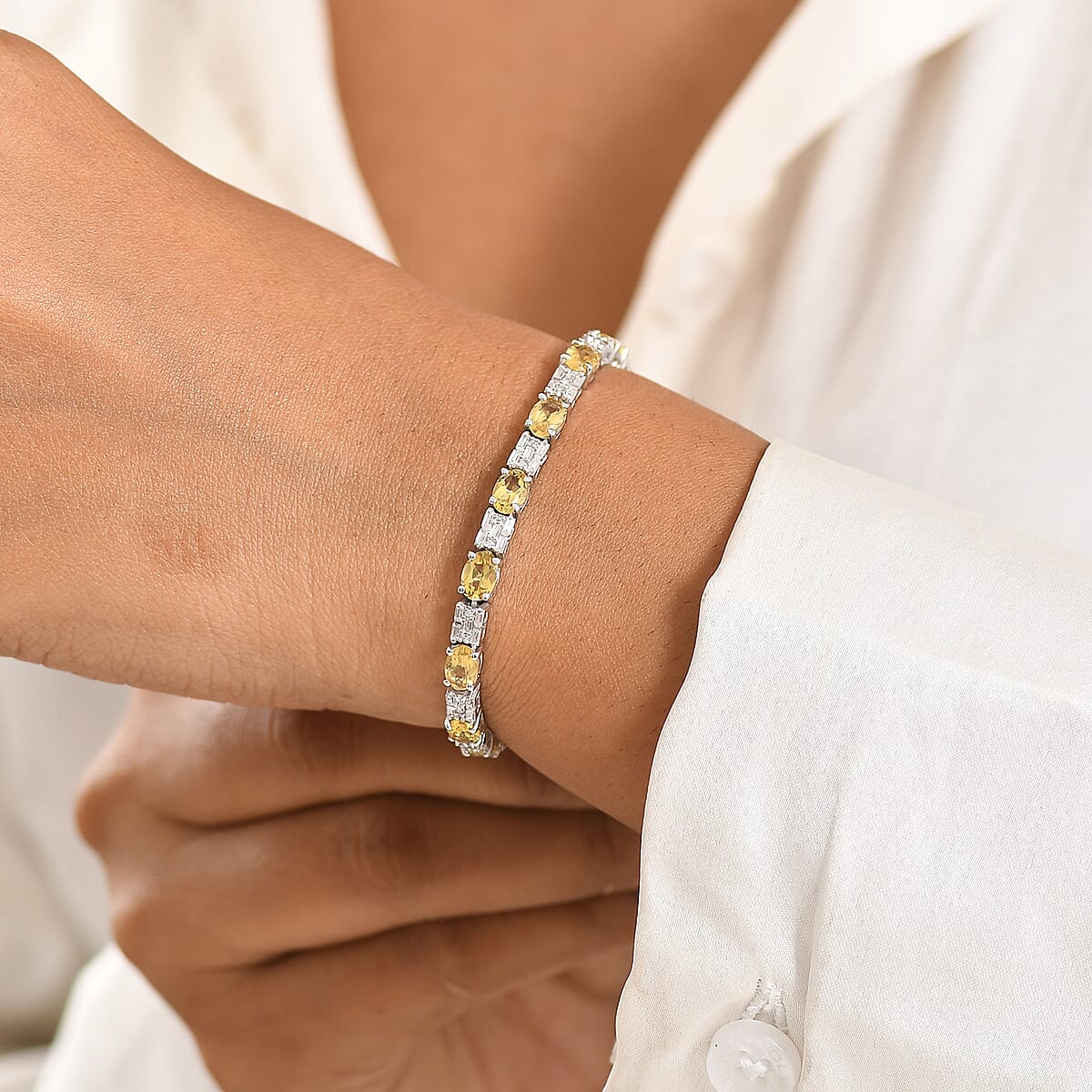 D'Joy Premium Brazilian Heliodor and Moissanite 8.40 ctw Classic Statement Bracelet in Rhodium Over Sterling Silver (6.50 In) image number 2