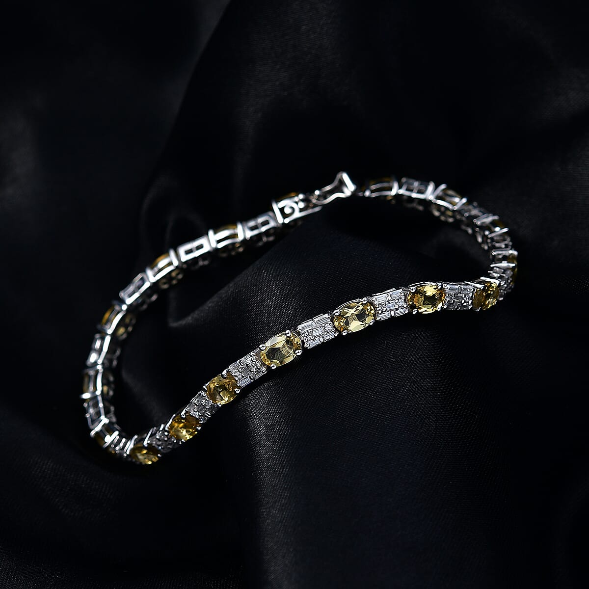 D'Joy Premium Brazilian Heliodor and Moissanite 8.85 ctw Classic Statement Bracelet in Rhodium Over Sterling Silver (8.00 In) image number 1