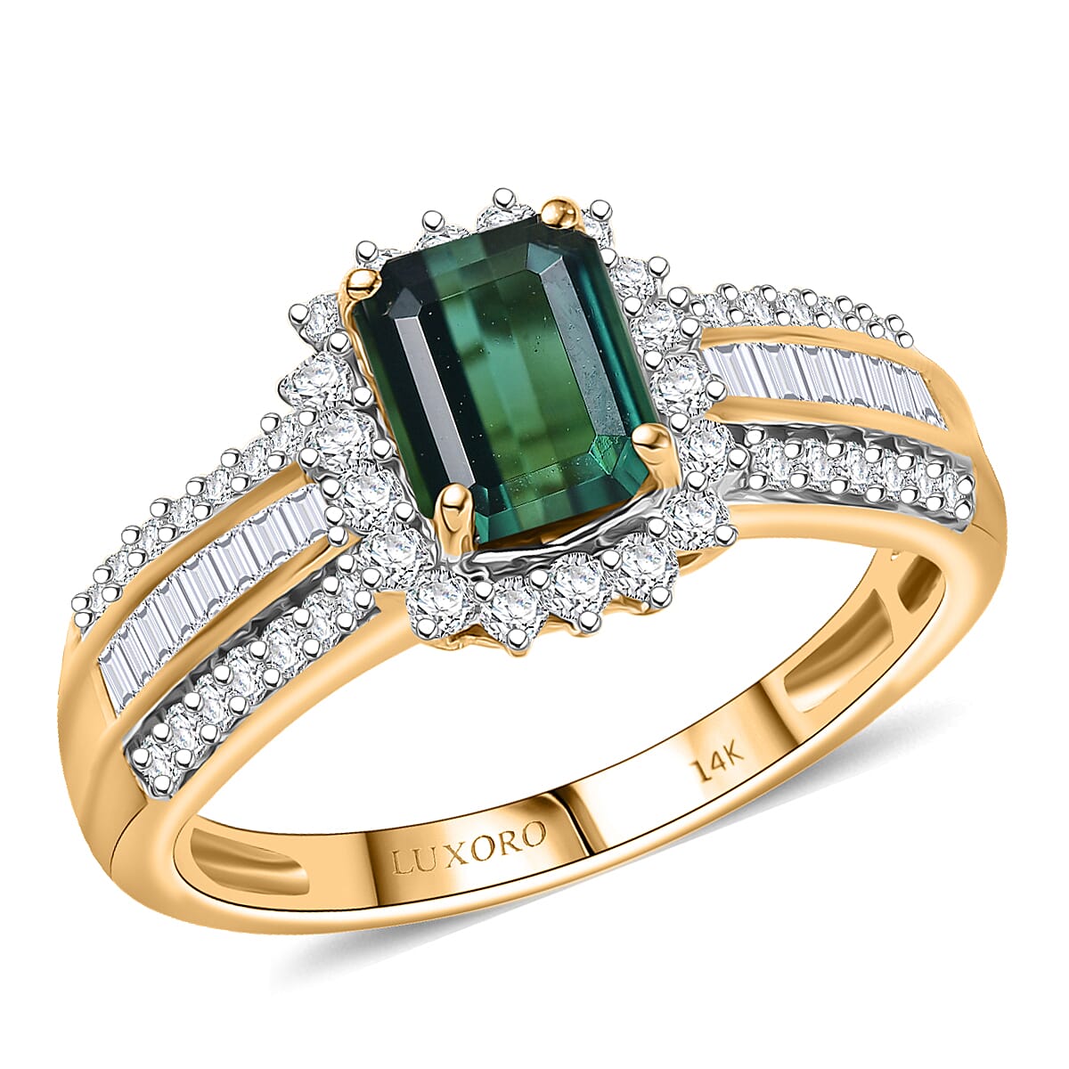 Doorbuster Luxoro 14K Yellow Gold AAAA Monte Belo Indicolite, Diamond (I2) (0.45 cts) Halo Ring (Size 6.0) 1.80 ctw image number 0