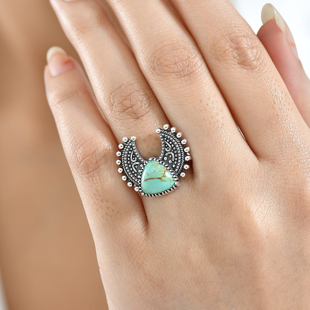 D'Joy Artisan Crafted Premium Royston Turquoise Ring in Black Oxidised Sterling Silver (Size 10.0) 3.50 ctw image number 2