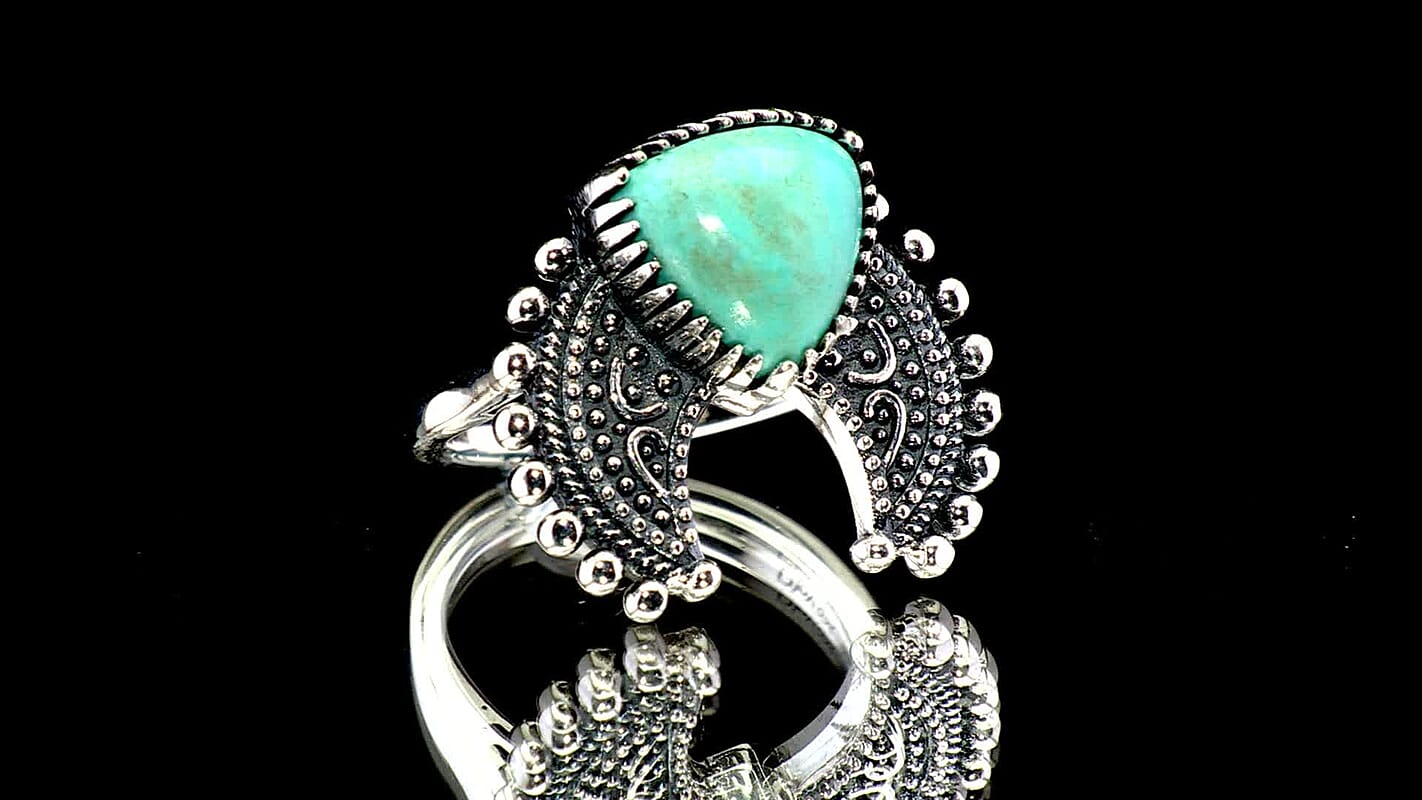 D'Joy Artisan Crafted Premium Royston Turquoise Ring in Black Oxidised Sterling Silver (Size 10.0) 3.50 ctw