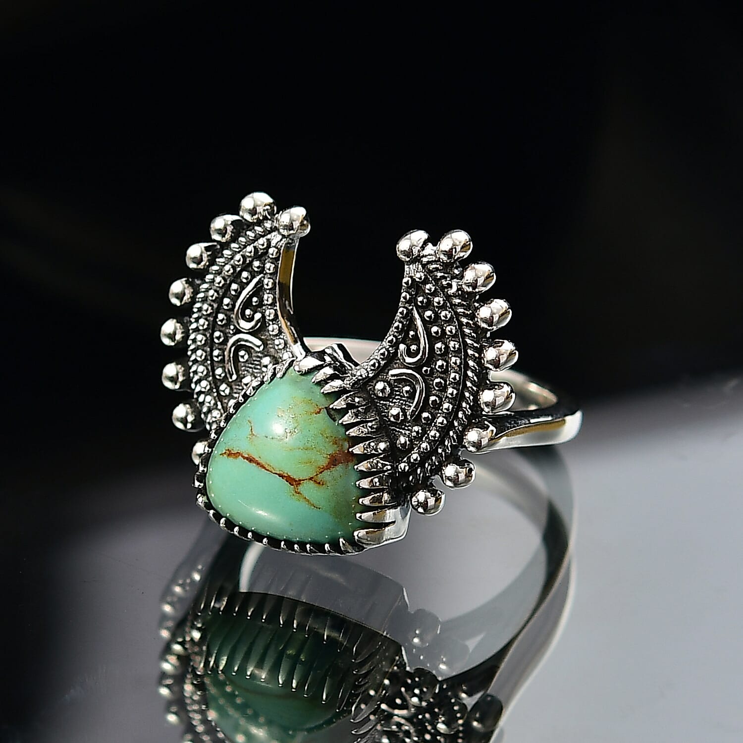 D'Joy Artisan Crafted Royston Turquoise Ring in Black Oxidised Sterling Silver 3.50 ctw (Size 7.0)