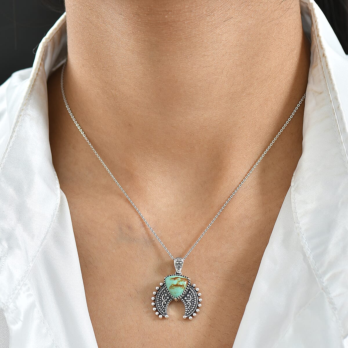 D'Joy Artisan Crafted Premium Royston Turquoise 3.60 ctw Pendant in Black Oxidised Sterling Silver image number 2