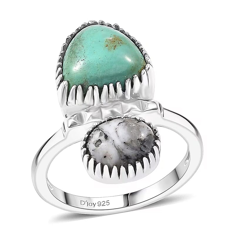 D'Joy Artisan Crafted Royston Turquoise, White Buffalo Ring in Black Oxidised Sterling Silver 4.70 ctw (Size 10.0)