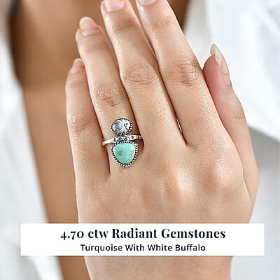 D'Joy Artisan Crafted Royston Turquoise, White Buffalo Ring in Black Oxidised Sterling Silver 4.70 ctw (Size 10.0)