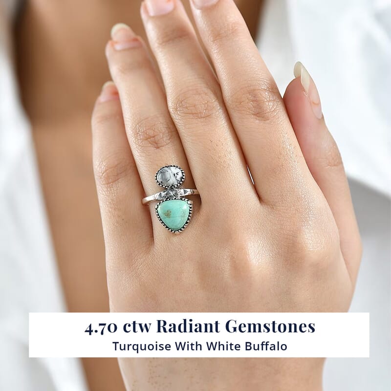D'Joy Artisan Crafted Royston Turquoise, White Buffalo Ring in Black Oxidised Sterling Silver 4.70 ctw (Size 10.0)