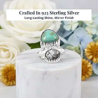 D'Joy Artisan Crafted Royston Turquoise, White Buffalo Ring in Black Oxidised Sterling Silver 4.70 ctw (Size 10.0)