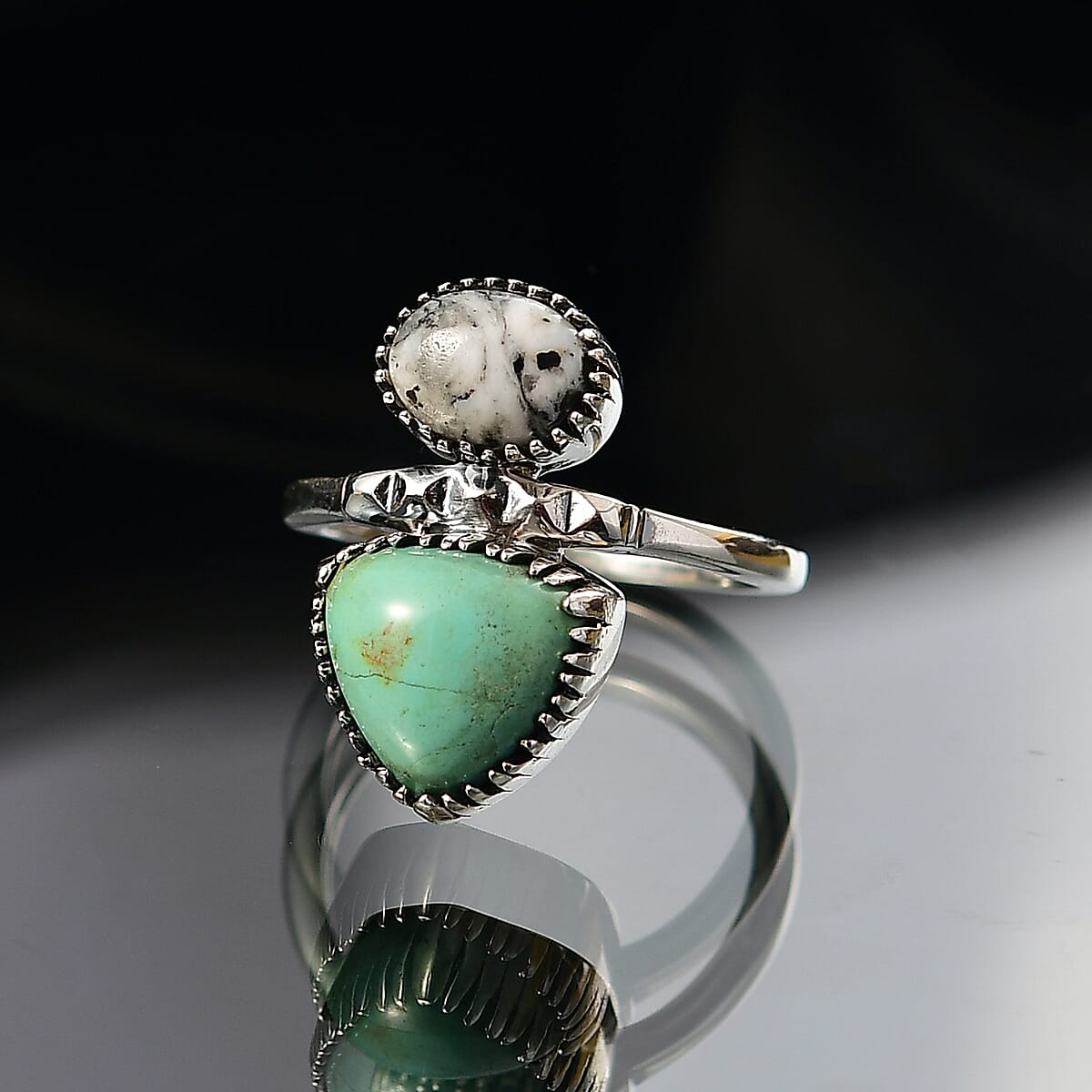 D'Joy Artisan Crafted Premium Royston Turquoise and White Buffalo 4.70 ctw Ring in Black Oxidised Sterling Silver (Size 7.0) image number 1