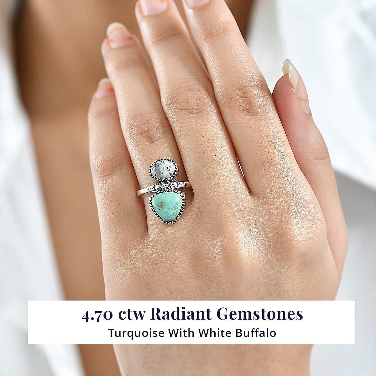 D'Joy Artisan Crafted Royston Turquoise, White Buffalo Ring in Black Oxidised Sterling Silver 4.70 ctw (Size 9.0) image number 1