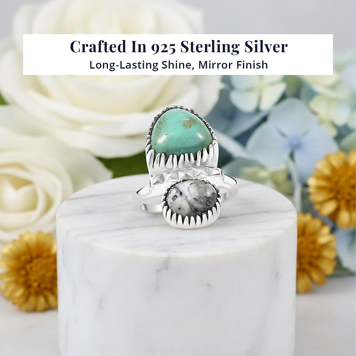 D'Joy Artisan Crafted Royston Turquoise, White Buffalo Ring in Black Oxidised Sterling Silver 4.70 ctw (Size 9.0) image number 4