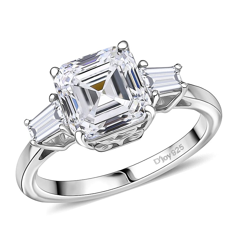  D'Joy Asscher Cut Moissanite 3.00 ctw Art Deco Ring in Rhodium Over Sterling Silver (Size 10.0)