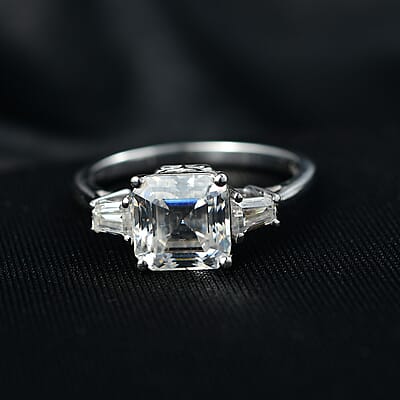 D'Joy Asscher Cut Moissanite 3.00 ctw Art Deco Ring in Rhodium Over Sterling Silver (Size 10.0)