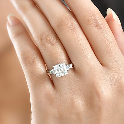  D'Joy Asscher Cut Moissanite 3.00 ctw Art Deco Ring in Rhodium Over Sterling Silver (Size 10.0)