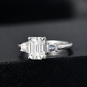  D'Joy Emerald Cut Moissanite 2.00 ctw Art Deco Ring in Rhodium Over Sterling Silver (Size 10.0)