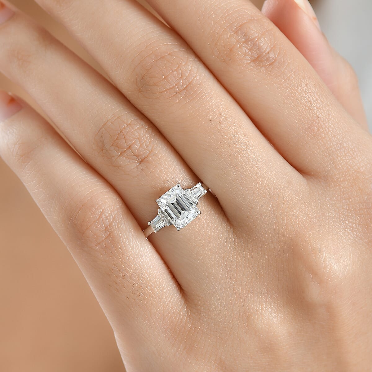 Doorbuster D'Joy Emerald Cut Moissanite 2.00 ctw Art Deco Ring in Rhodium Over Sterling Silver (Size 11.0) image number 2