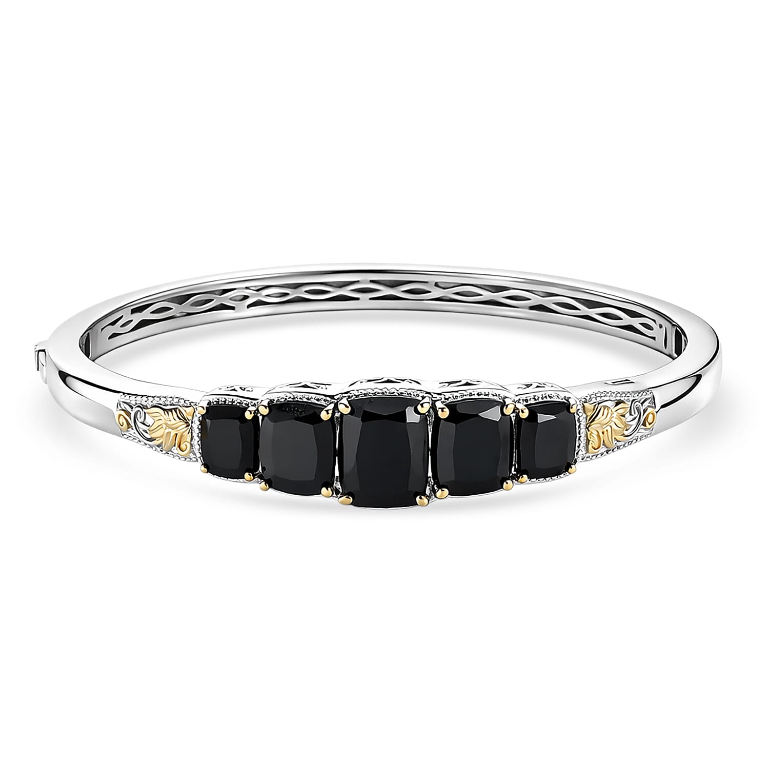 EverTrue Thai Black Spinel 19.15 ctw Floral Vines Bangle Bracelet in 18K YG Plated and Platinum Bond (7.25 In)