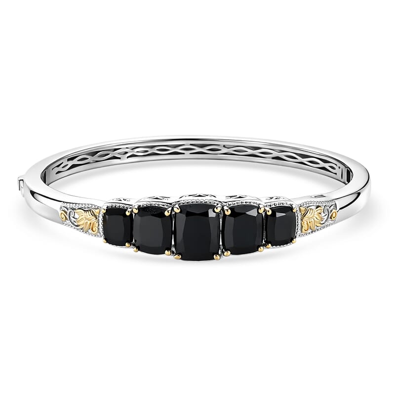EverTrue Thai Black Spinel 19.15 ctw Floral Vines Bangle Bracelet in 18K YG Plated and Platinum Bond (7.25 In)