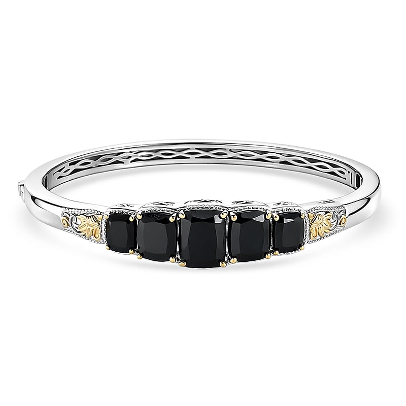 EverTrue Thai Black Spinel 19.15 ctw Floral Vines Bangle Bracelet in 18K YG Plated and Platinum Bond (7.25 In)