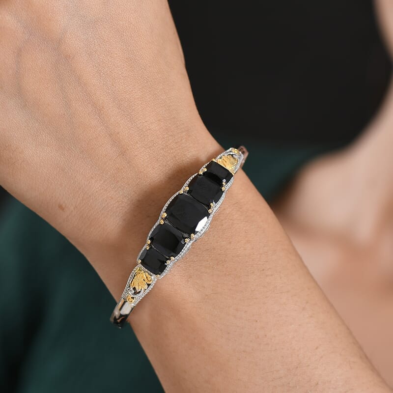 EverTrue Thai Black Spinel 19.15 ctw Floral Vines Bangle Bracelet in 18K YG Plated and Platinum Bond (7.25 In)