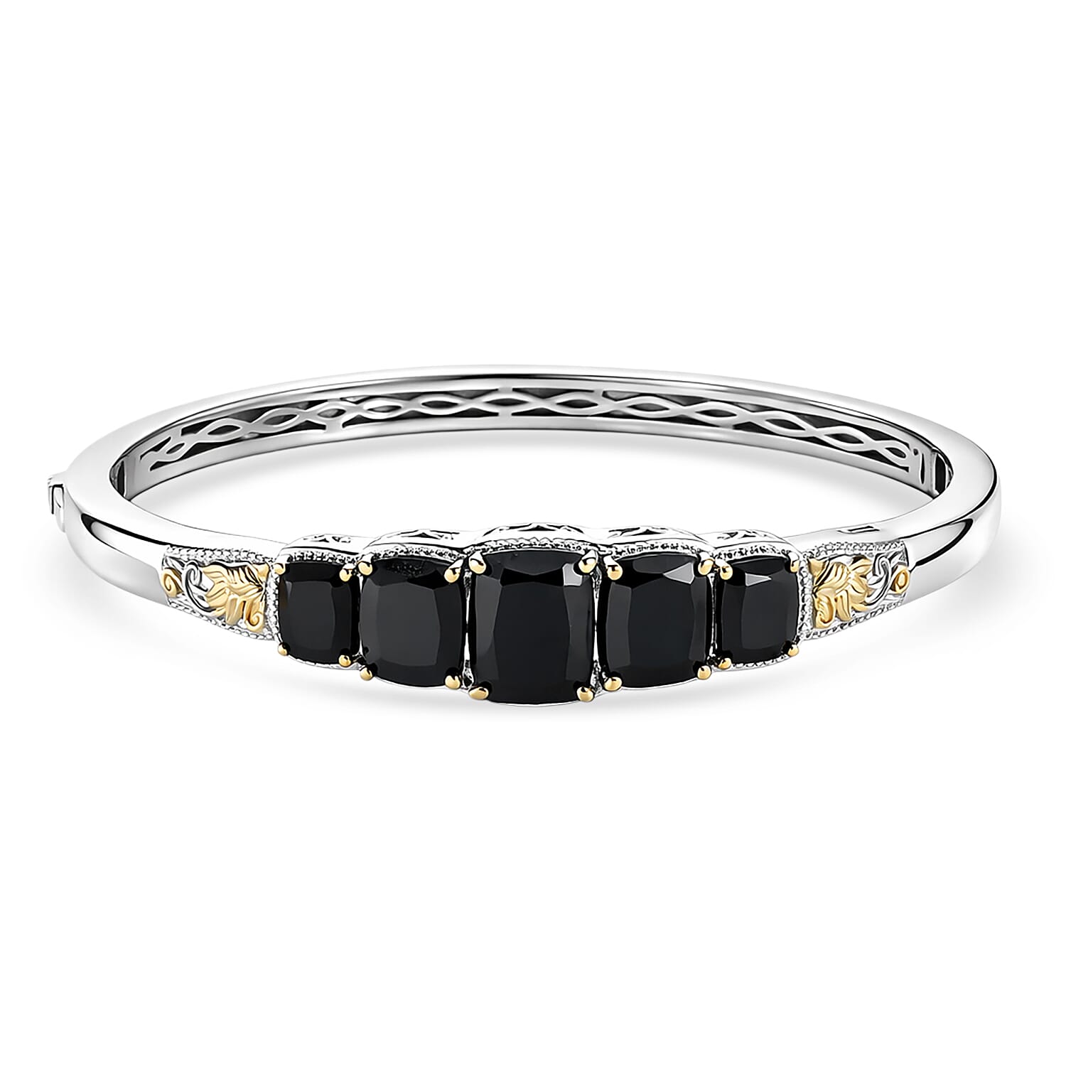 EverTrue Thai Black Spinel 19.15 ctw Floral Vines Bangle Bracelet in 18K YG Plated and Platinum Bond (8.00 In)
