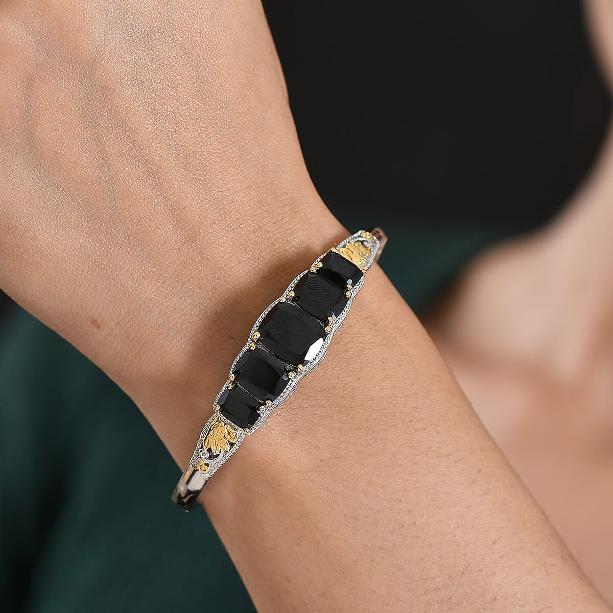 EverTrue Thai Black Spinel 19.15 ctw Floral Vines Bangle Bracelet in 18K YG Plated and Platinum Bond (6.50 In) (Del. in 7-10 Days) image number 2