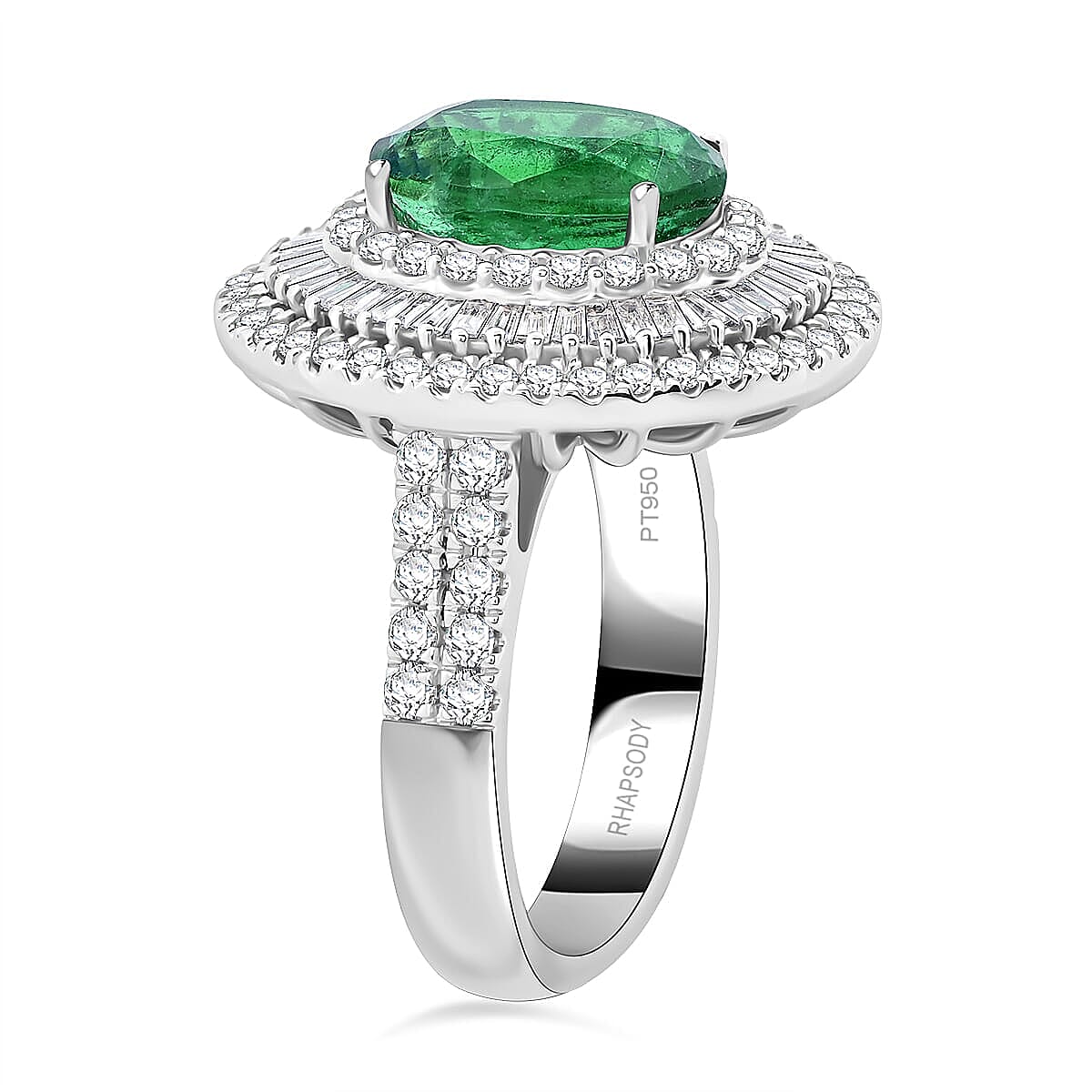 Chairman Vault Collection Certified & Appraised Rhapsody AAAA Kagem Zambian Emerald and E-F VS Diamond 5.40 ctw Ring in 950 Platinum (Size 8.0) 14.40 Grams image number 2