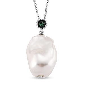 EverTrue White Shell Pearl, Simulated Green Diamond Pendant without Chain in Silvertone and Stainless Steel