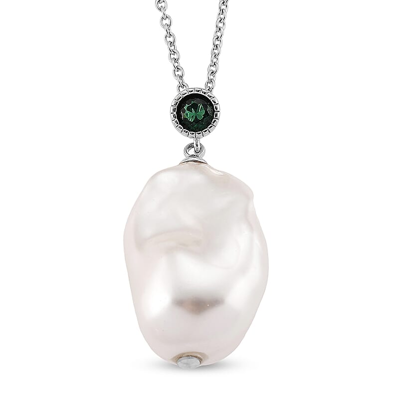 EverTrue White Shell Pearl, Simulated Diamond Pendant in Silvertone with Stainless Steel Necklace (20 Inches)