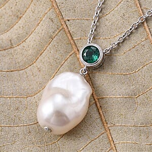 EverTrue White Shell Pearl, Simulated Green Diamond Pendant without Chain in Silvertone and Stainless Steel
