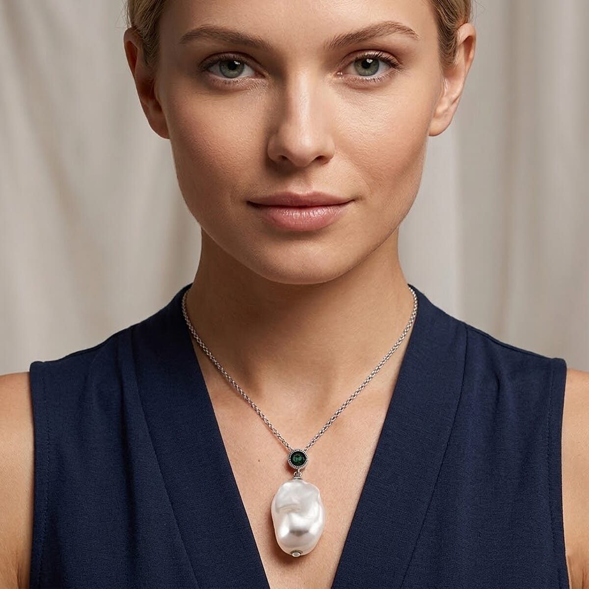 EverTrue White Shell Pearl, Simulated Green Diamond Pendant without Chain in Silvertone and Stainless Steel image number 2