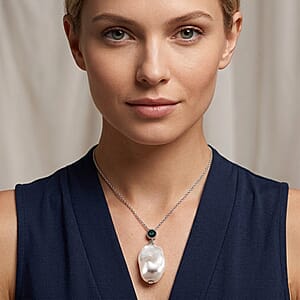 EverTrue White Shell Pearl, Simulated Green Diamond Pendant without Chain in Silvertone and Stainless Steel