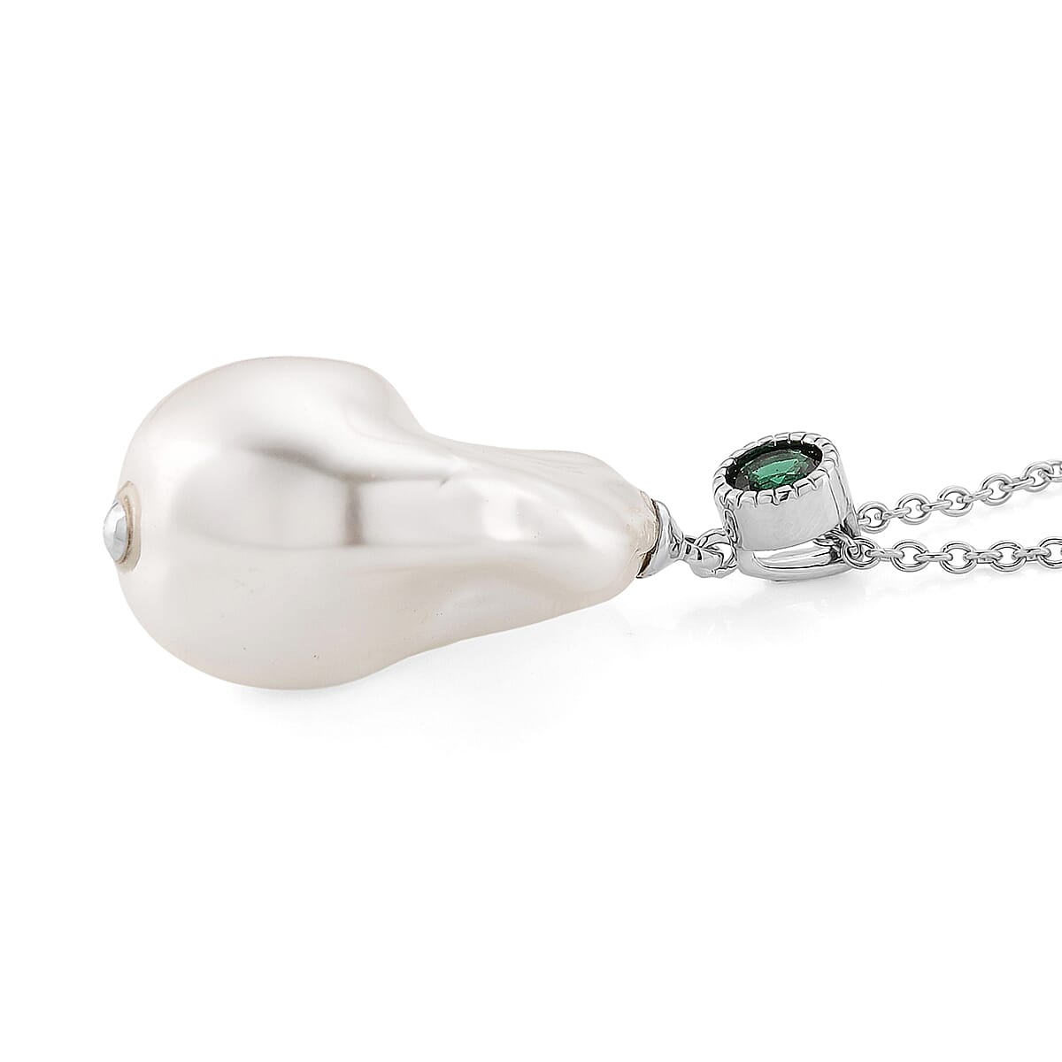 EverTrue White Shell Pearl, Simulated Green Diamond Pendant without Chain in Silvertone and Stainless Steel image number 3