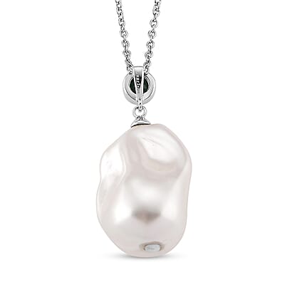 EverTrue White Shell Pearl, Simulated Diamond Pendant in Silvertone with Stainless Steel Necklace (20 Inches)