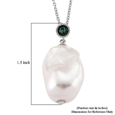EverTrue White Shell Pearl, Simulated Diamond Pendant in Silvertone with Stainless Steel Necklace (20 Inches)