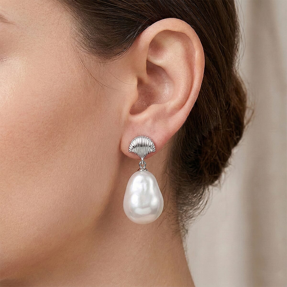 EverTrue White Shell Pearl Earrings in Silvertone and Stainless Steel image number 2