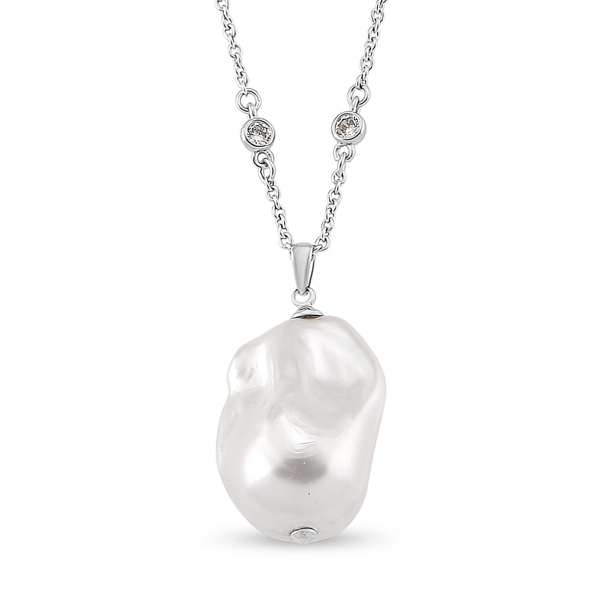 EverTrue White Shell Pearl and Simulated Diamond Necklace in Silvertone and Stainless Steel 18 Inches 