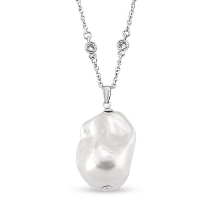 EverTrue White Shell Pearl and Simulated Diamond Necklace in Silvertone and Stainless Steel 18 Inches 