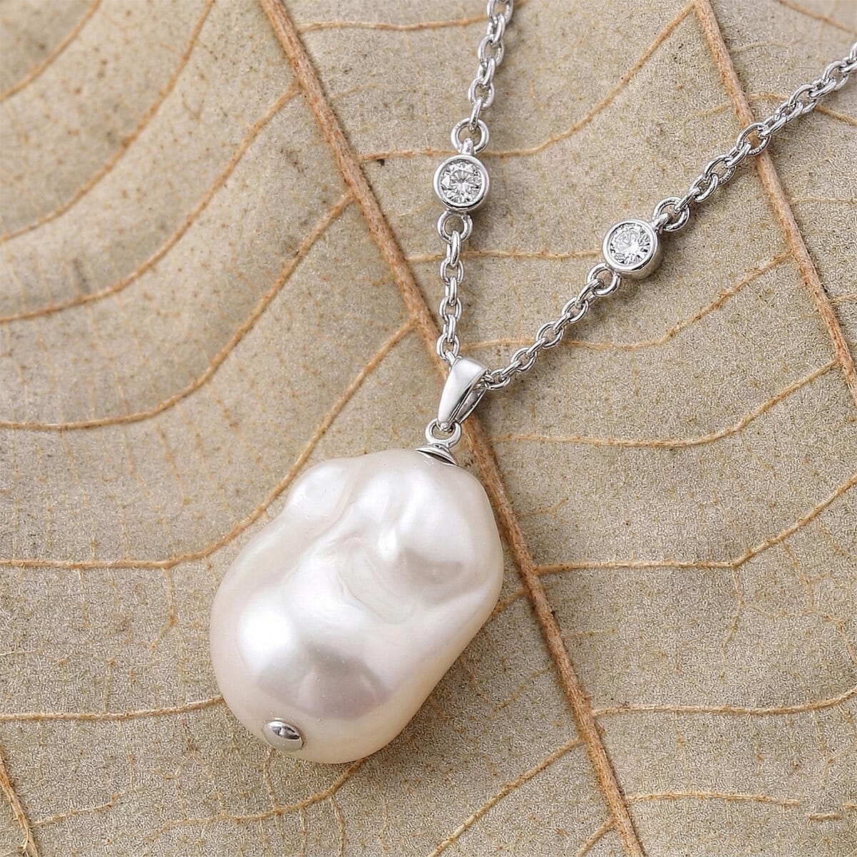 EverTrue White Shell Pearl and Simulated Diamond Necklace in Silvertone and Stainless Steel 18 Inches  image number 1
