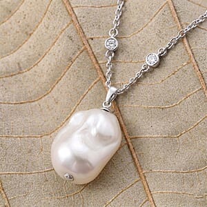EverTrue White Shell Pearl and Simulated Diamond Necklace in Silvertone and Stainless Steel 18 Inches 