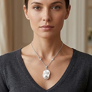 EverTrue White Shell Pearl and Simulated Diamond Necklace in Silvertone and Stainless Steel 18 Inches 