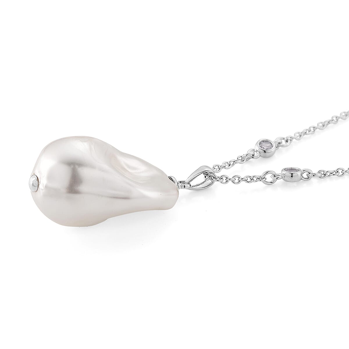EverTrue White Shell Pearl and Simulated Diamond Necklace in Silvertone and Stainless Steel 18 Inches 
