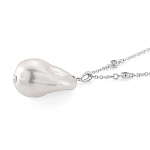 EverTrue White Shell Pearl and Simulated Diamond Necklace in Silvertone and Stainless Steel 18 Inches 