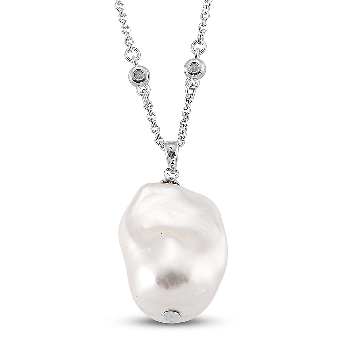 EverTrue White Shell Pearl and Simulated Diamond Necklace in Silvertone and Stainless Steel 18 Inches 