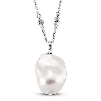 EverTrue White Shell Pearl and Simulated Diamond Necklace in Silvertone and Stainless Steel 18 Inches 