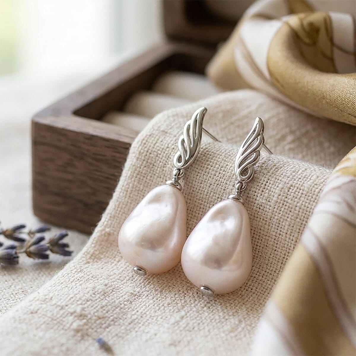 EverTrue White Shell Pearl Earrings in Silvertone and Stainless Steel image number 1
