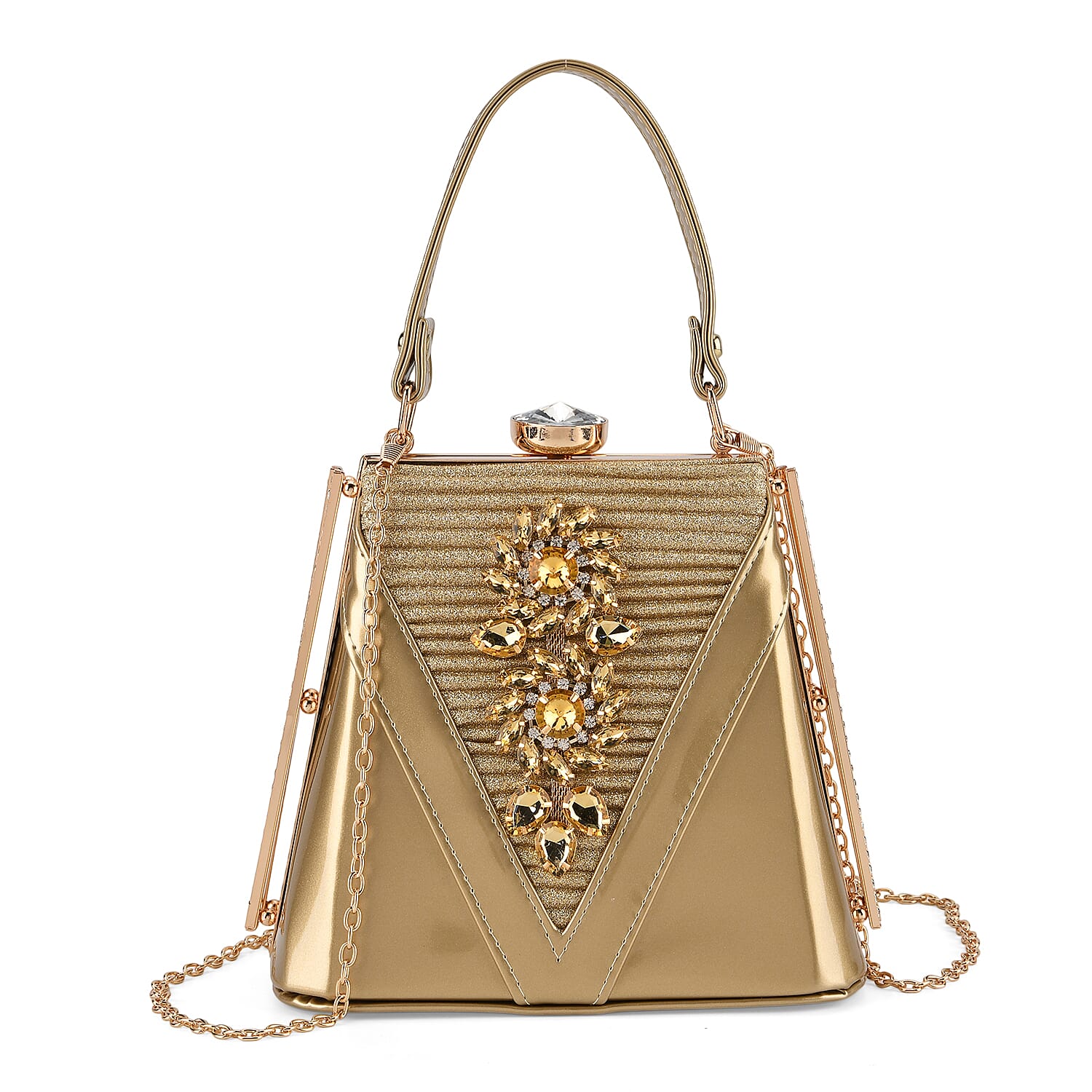 La Marey Gold Faux Leather Clutch Crossbody Bag with Shoulder Strap