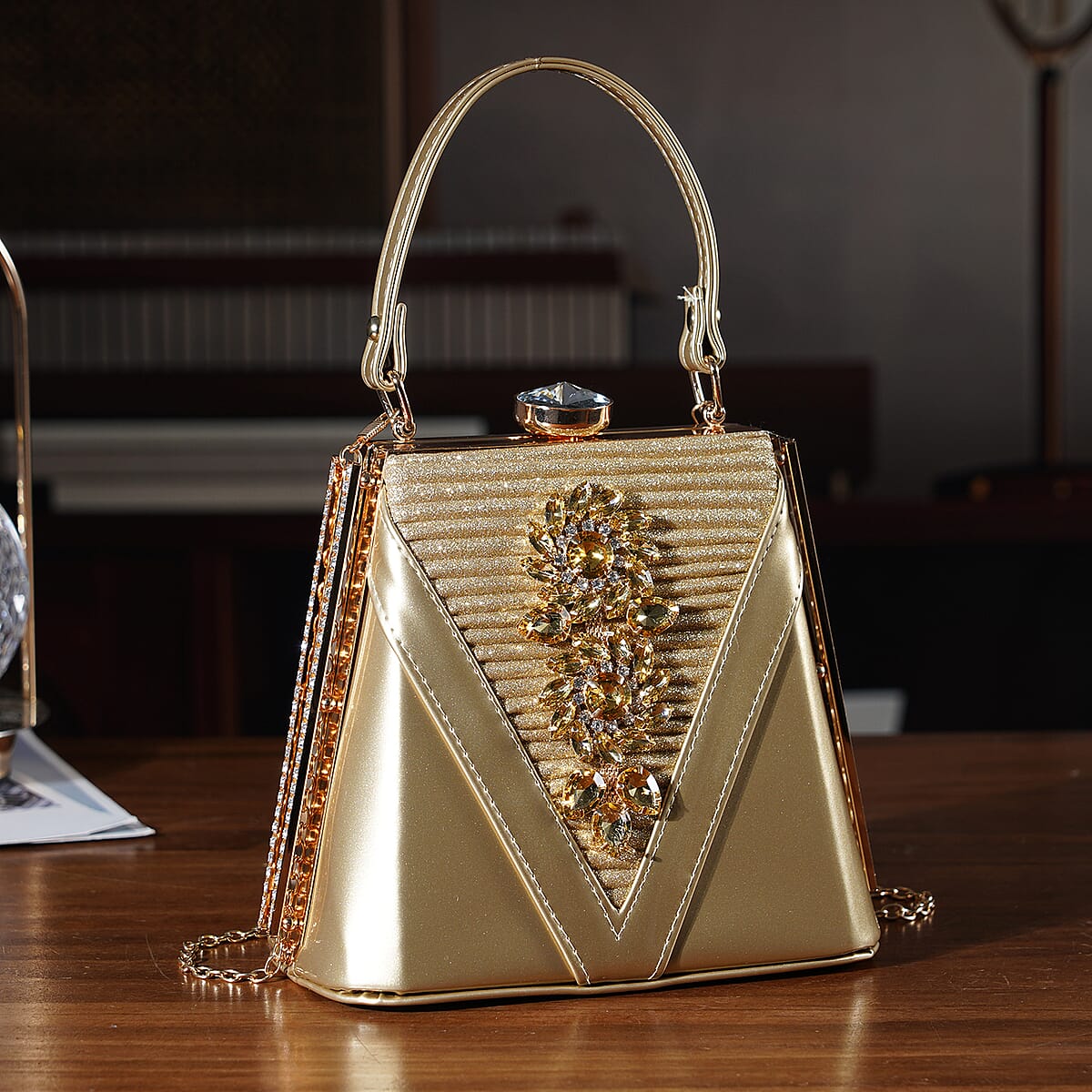 La Marey Gold Faux Leather Clutch Crossbody Bag with Shoulder Strap image number 1